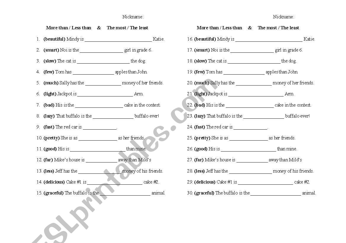 Comparison Adj worksheet