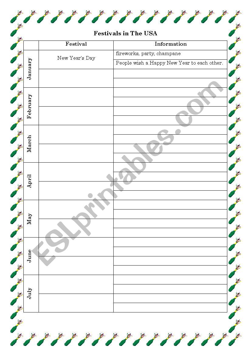 Festivals in the USA worksheet