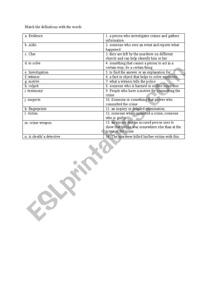 Investigation Vocabulary worksheet