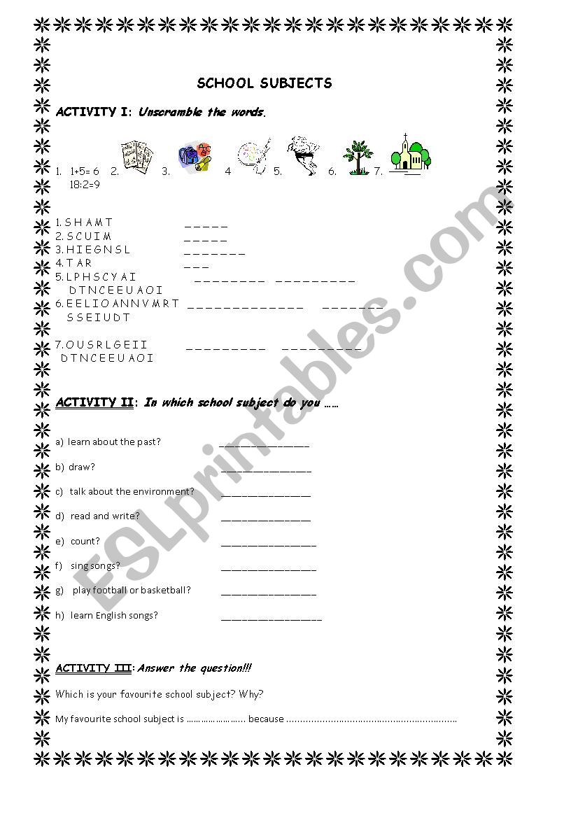 school subjects worksheet