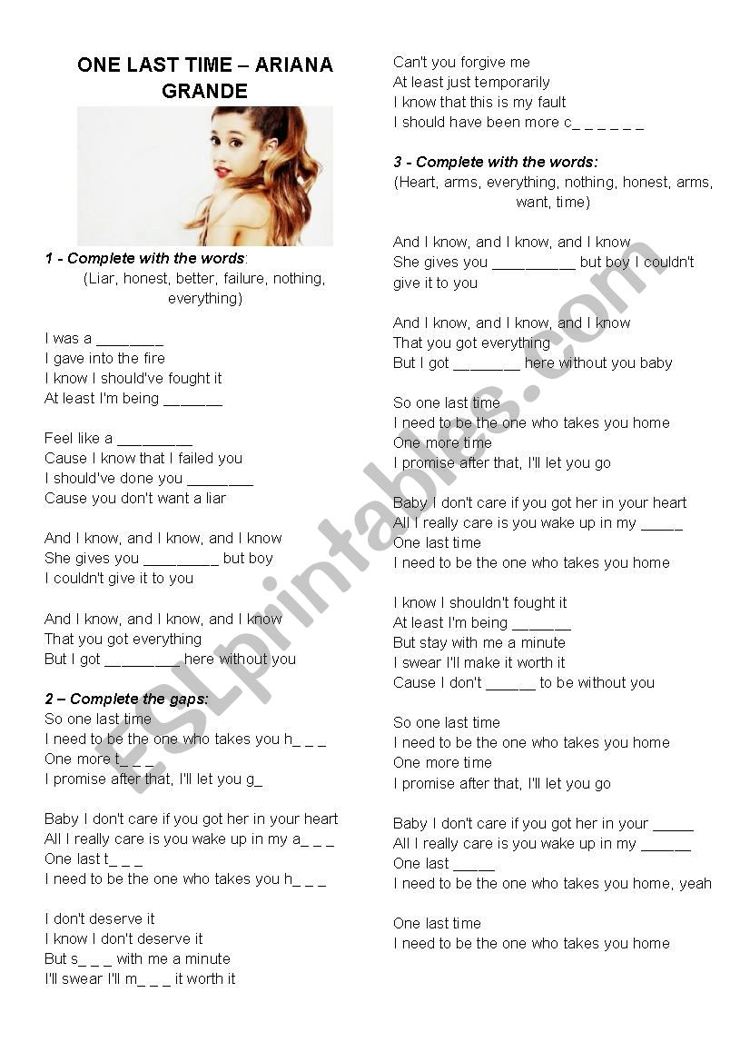 One Last Time Ariana Grande Esl Worksheet By Teacherfer