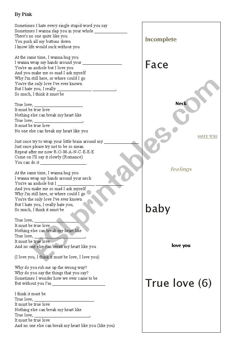 True Love by Pink worksheet