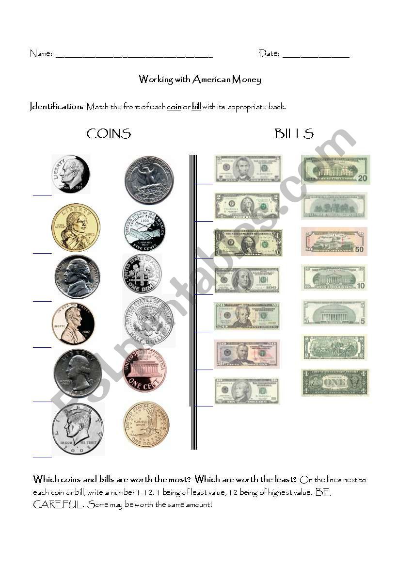 Counting American Money worksheet