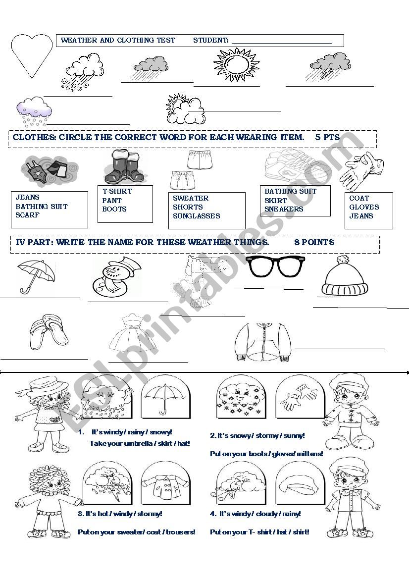 WEATHER AND CLOTHES TEST worksheet
