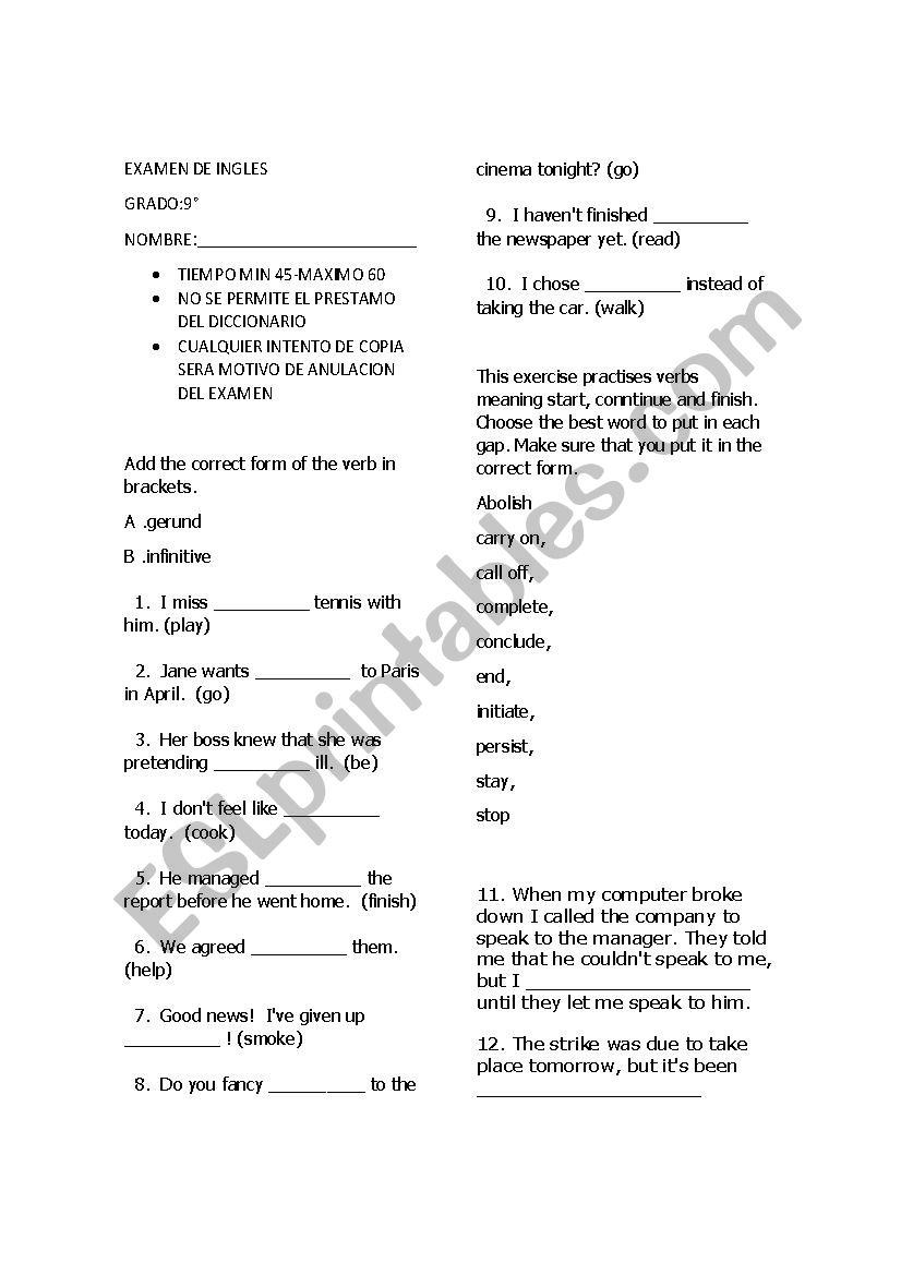 test 9Â° grade worksheet