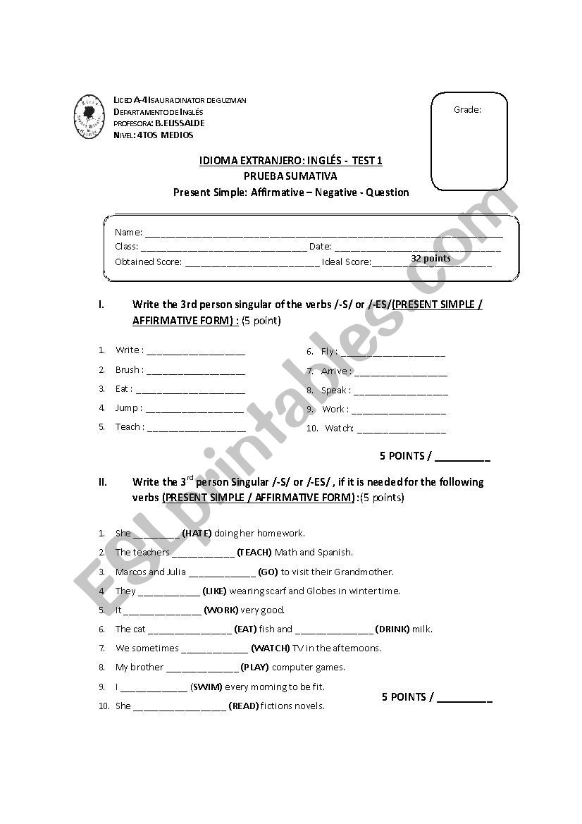 present simple test worksheet