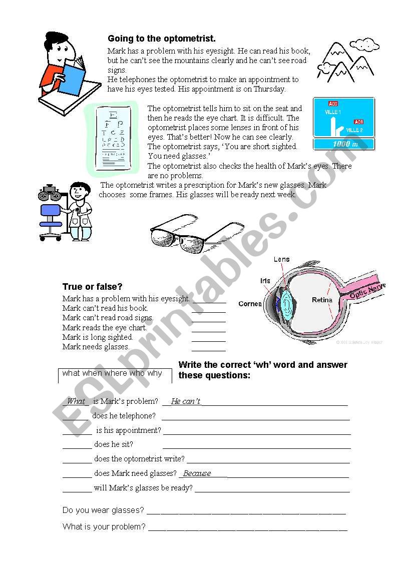 Going to the optometrist worksheet