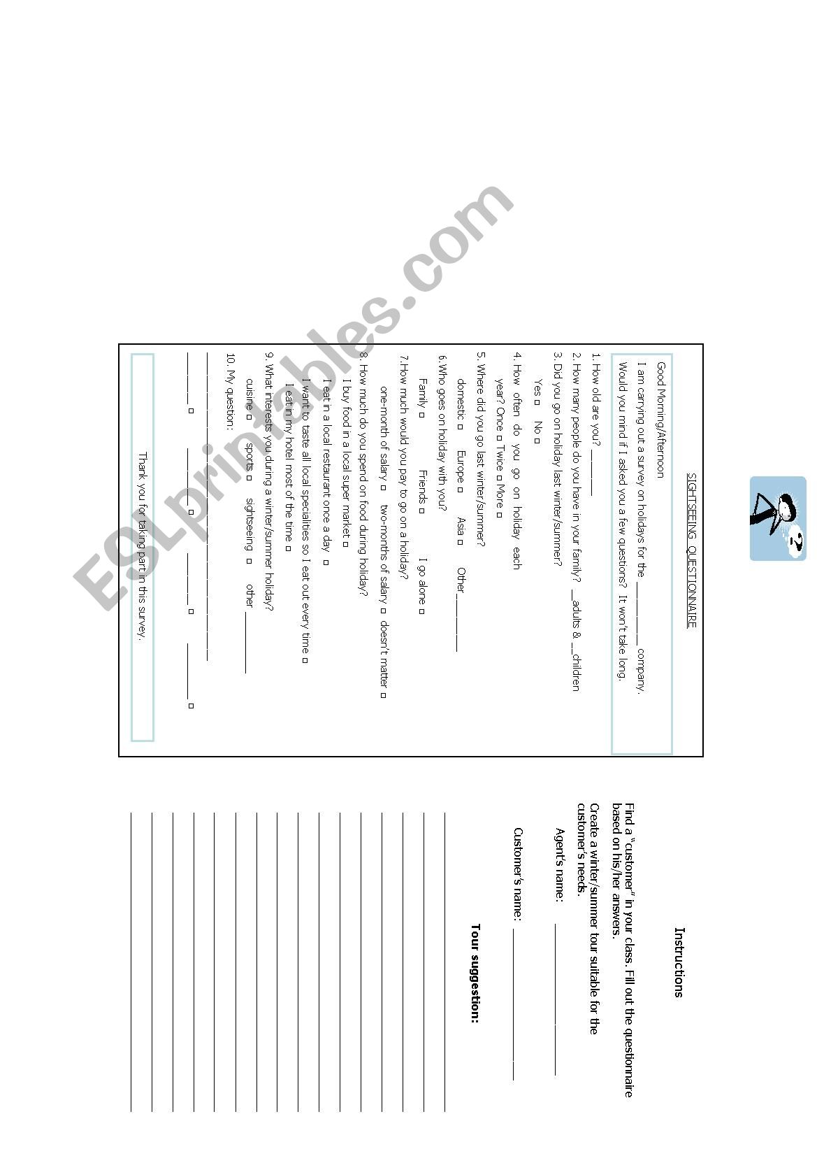Sightseeing questionnaire worksheet