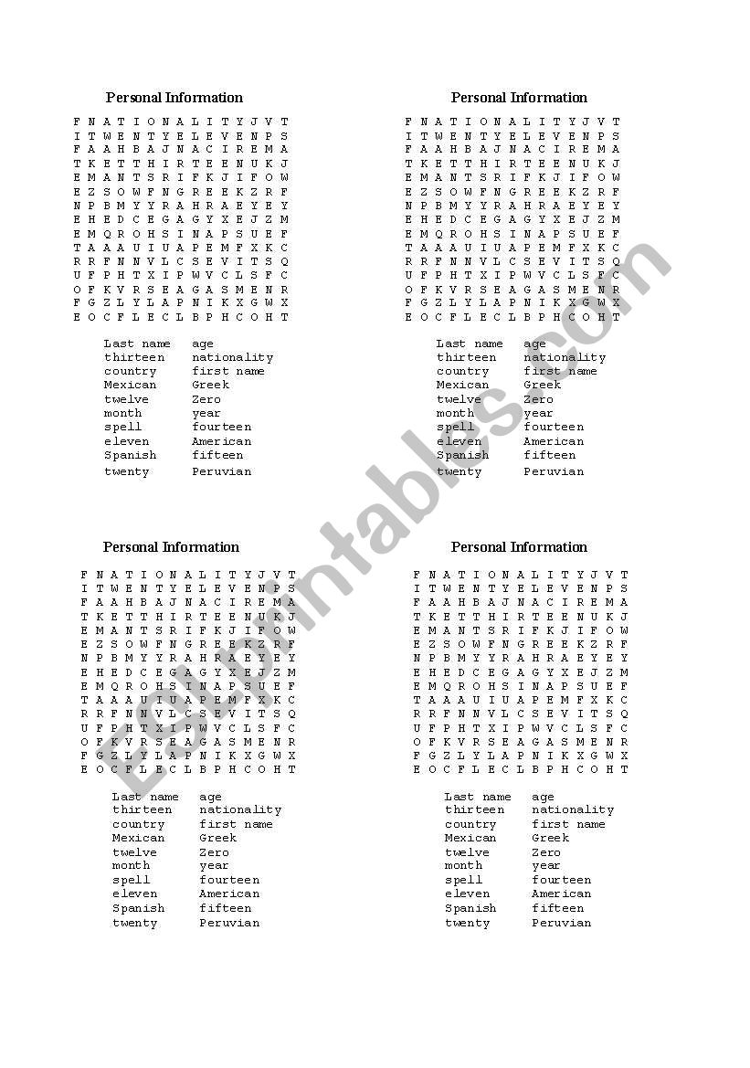 Personal Information worksheet