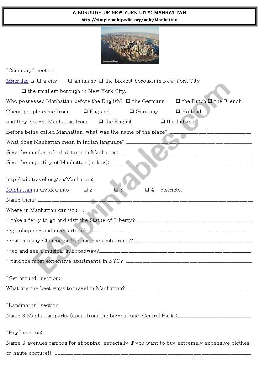 Webquest NYC - Manhattan worksheet