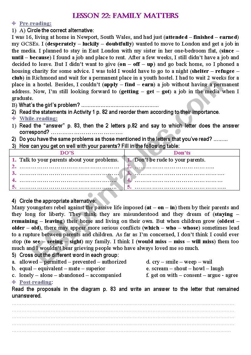 family matters worksheet