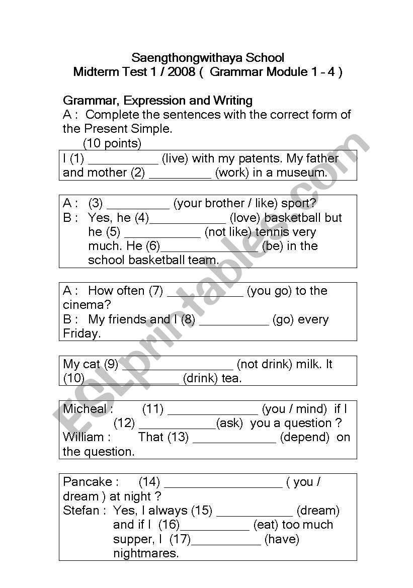 present simple tense (01) worksheet