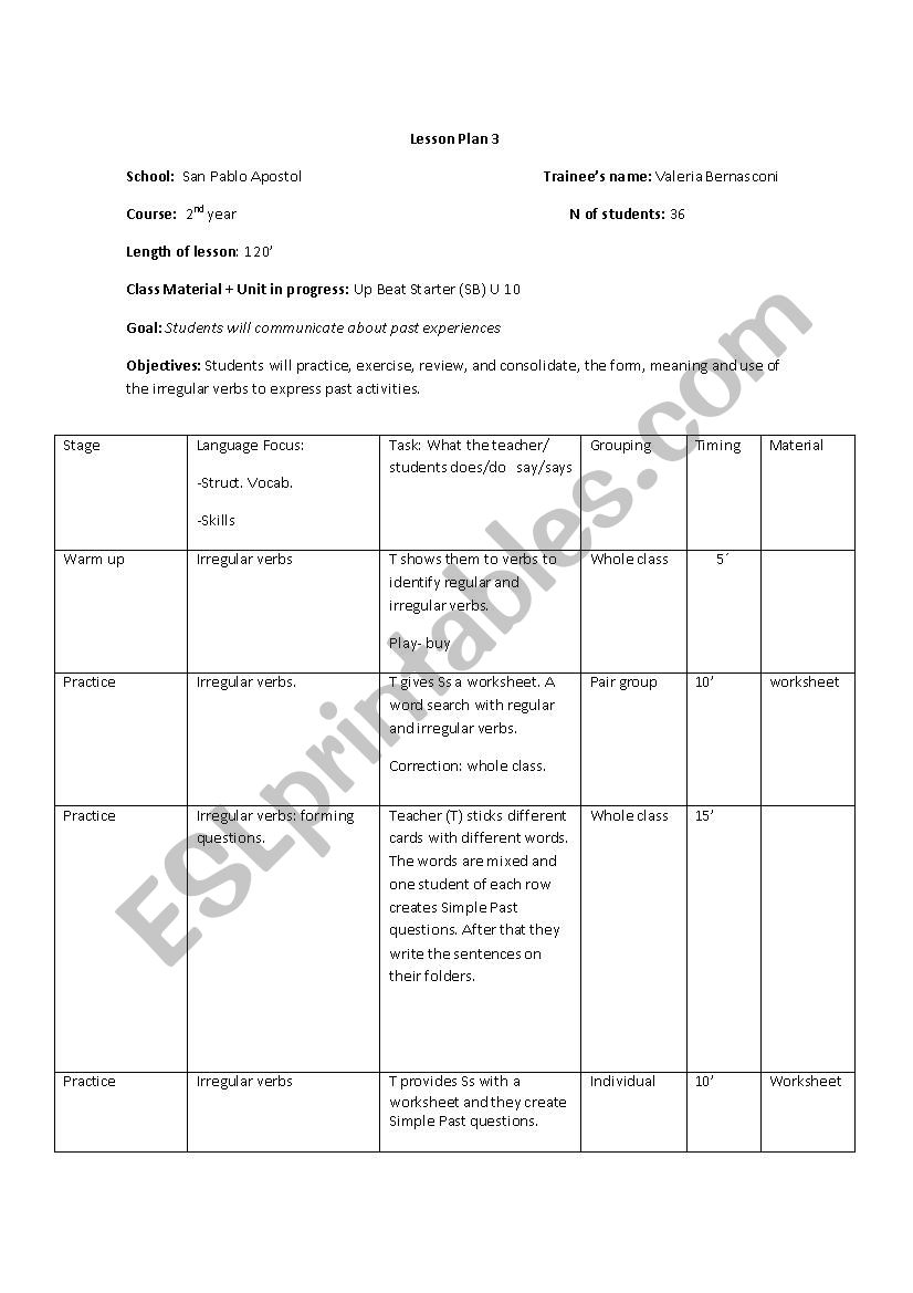 class plan worksheet