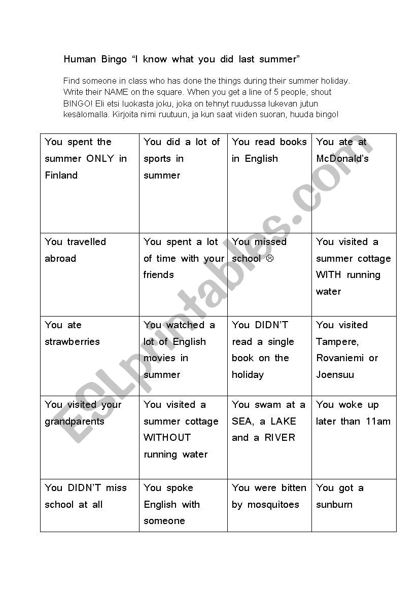 Humanbingo worksheet