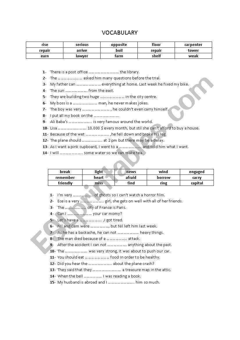 Vocabulary for A1 worksheet