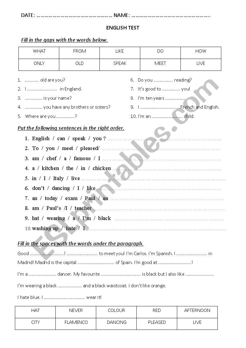 english test worksheet