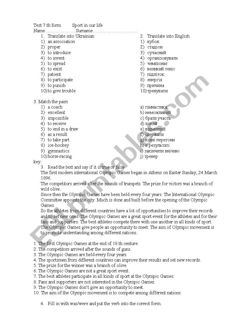 test  Sport in our life worksheet