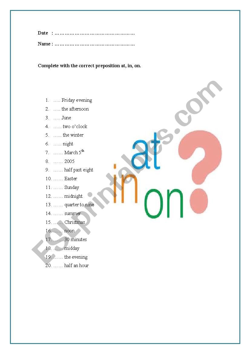 Prespositions at, in, on worksheet