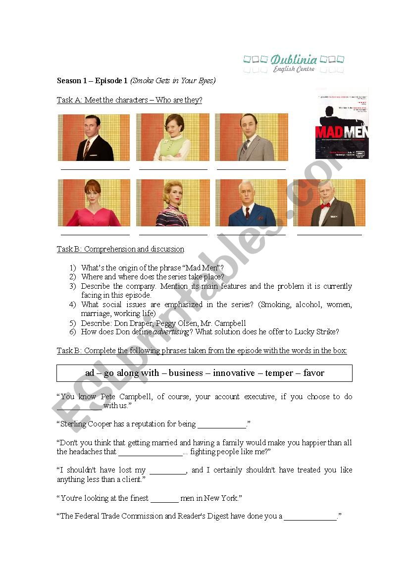 Mad Men Season 1 Episode 1 worksheet