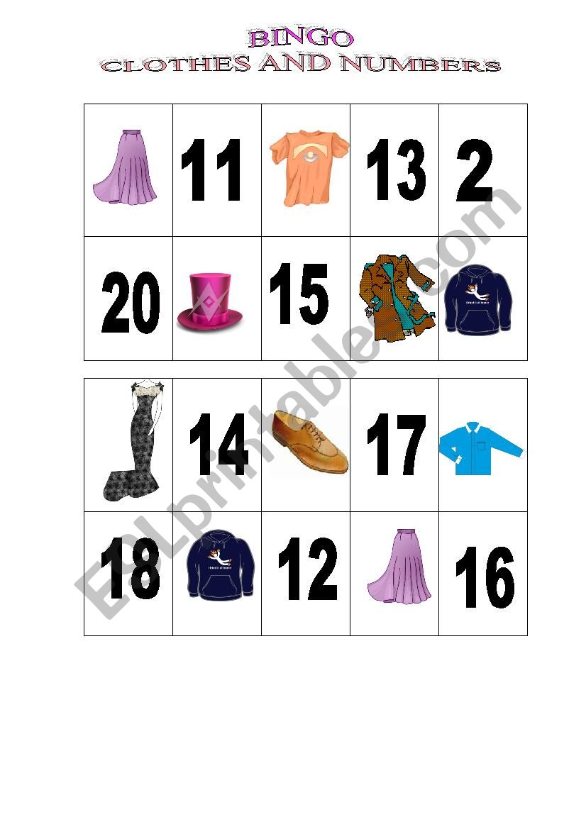 BINGO! CLOTHES AND NUMBERS 1-20