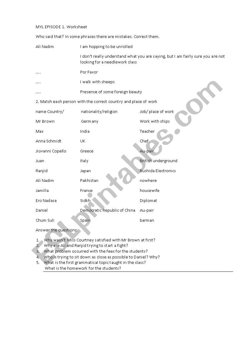 Mind Your Language Ep.1 worksheet