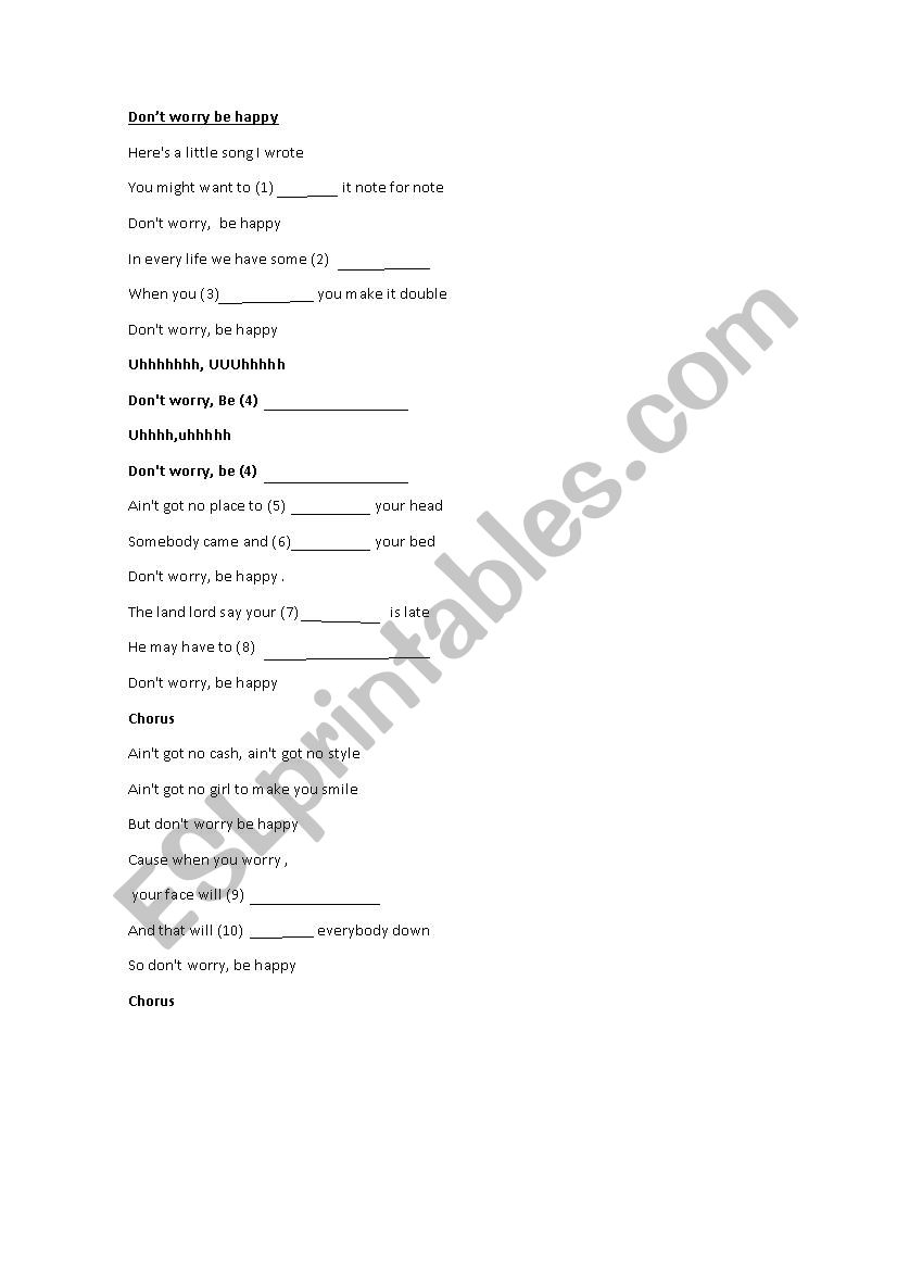 Dont worry be happy worksheet