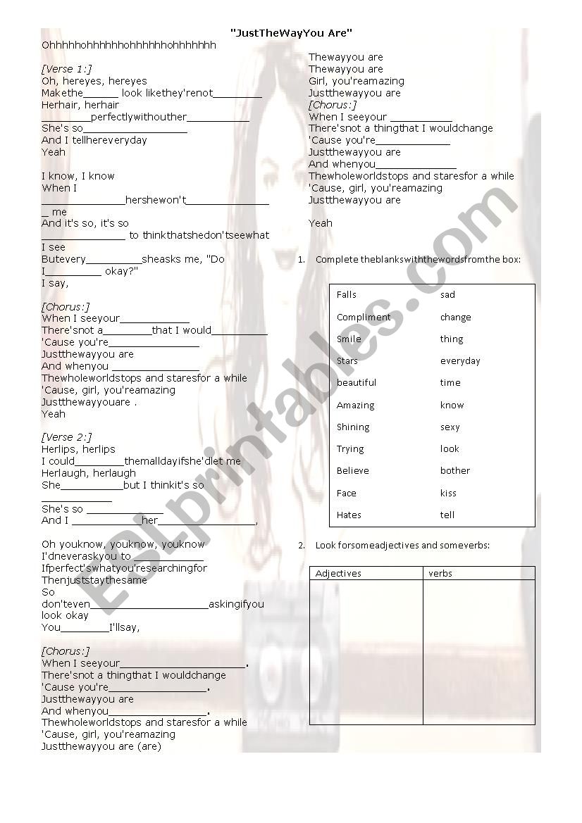 just the way you are worksheet