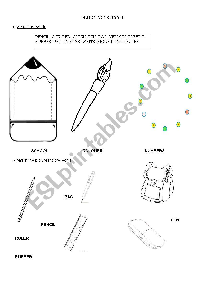 Revision School Things worksheet