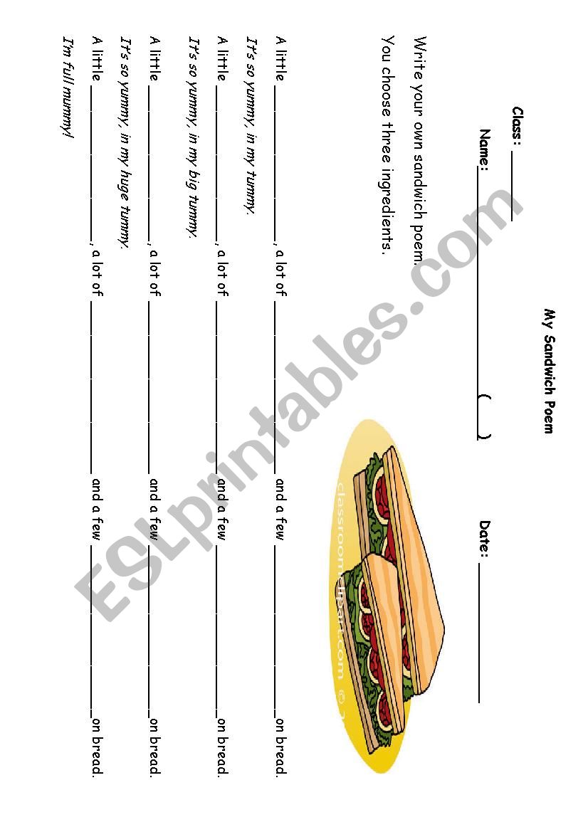 Sandwich poem worksheet