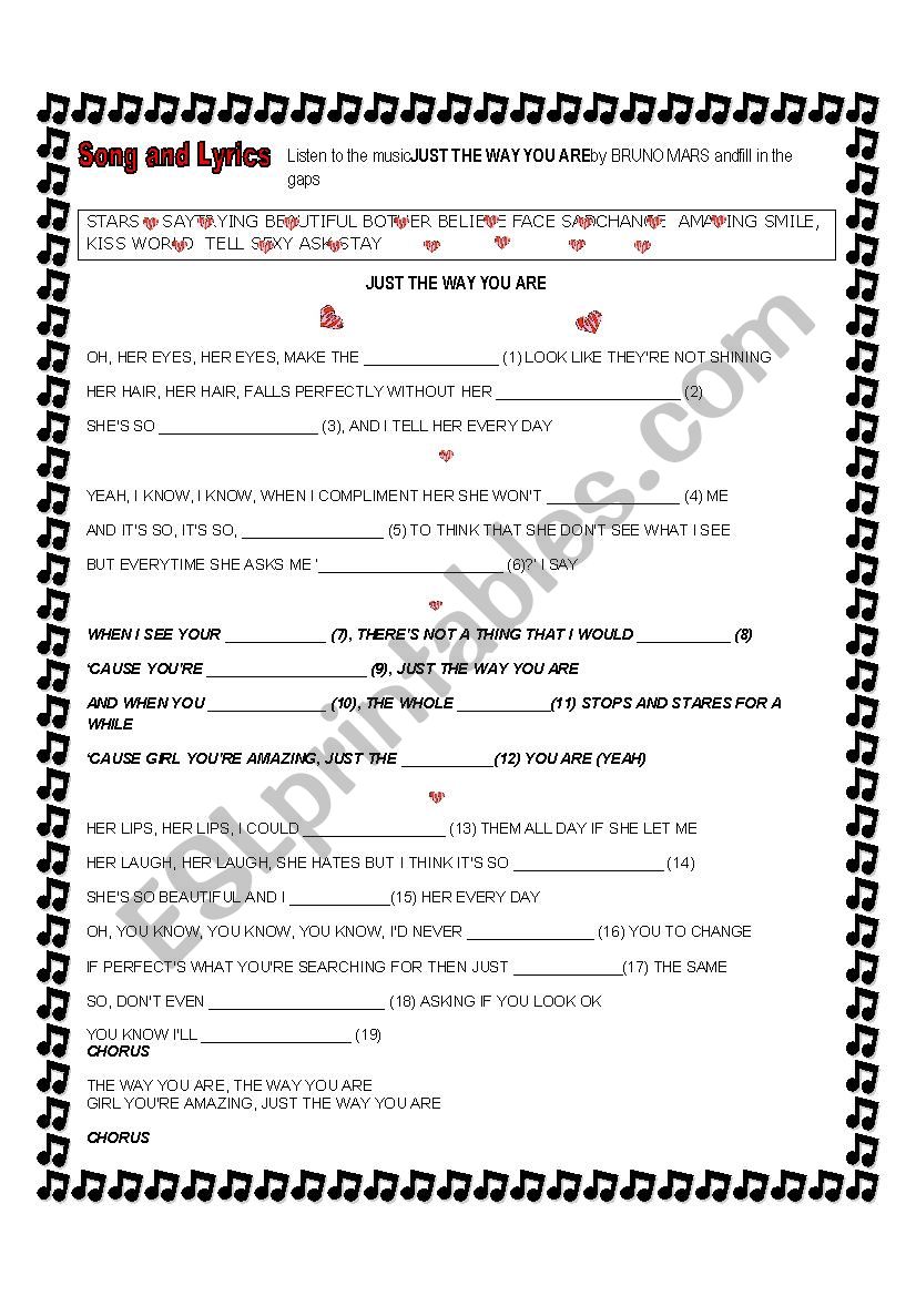SONG JUST THE WAY YOU ARE  worksheet