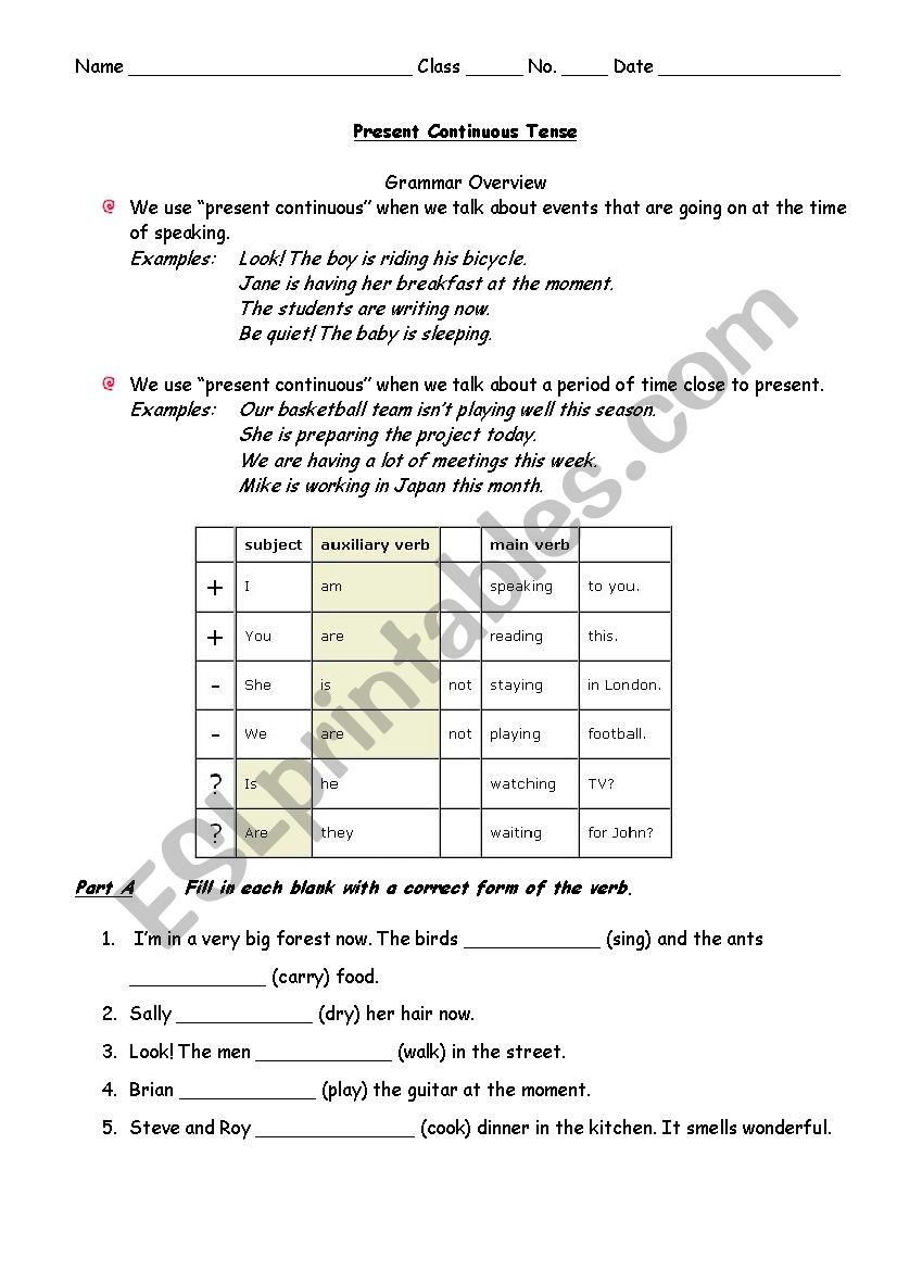 Present Continuous Tense worksheet