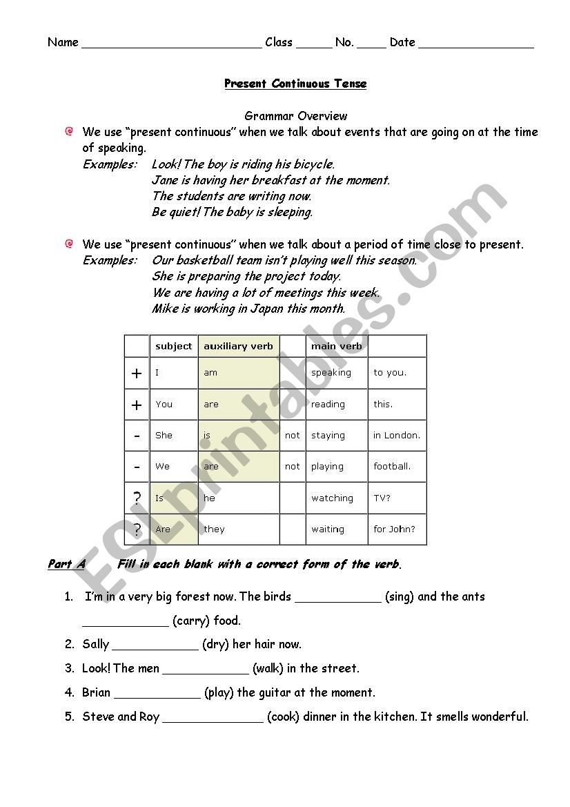 Present Continuous Tense worksheet