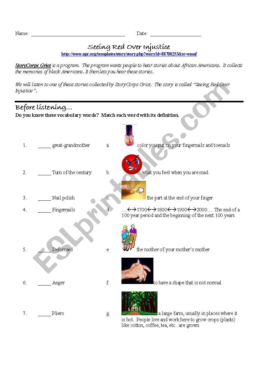 Seeing Red Over Injustice worksheet