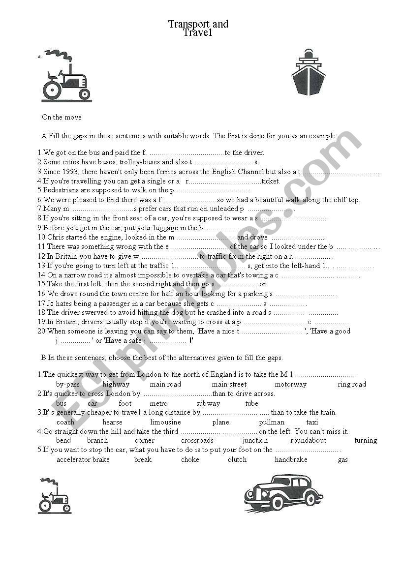 Transport and travel worksheet