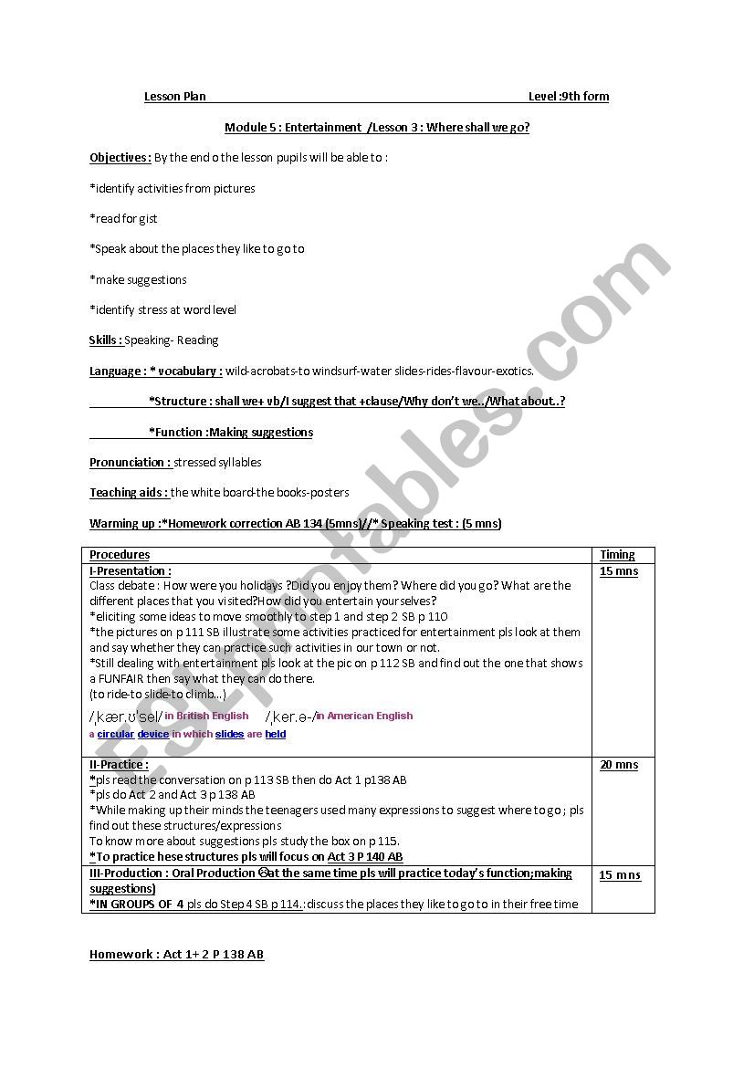 lesson plan where shall we go 9th