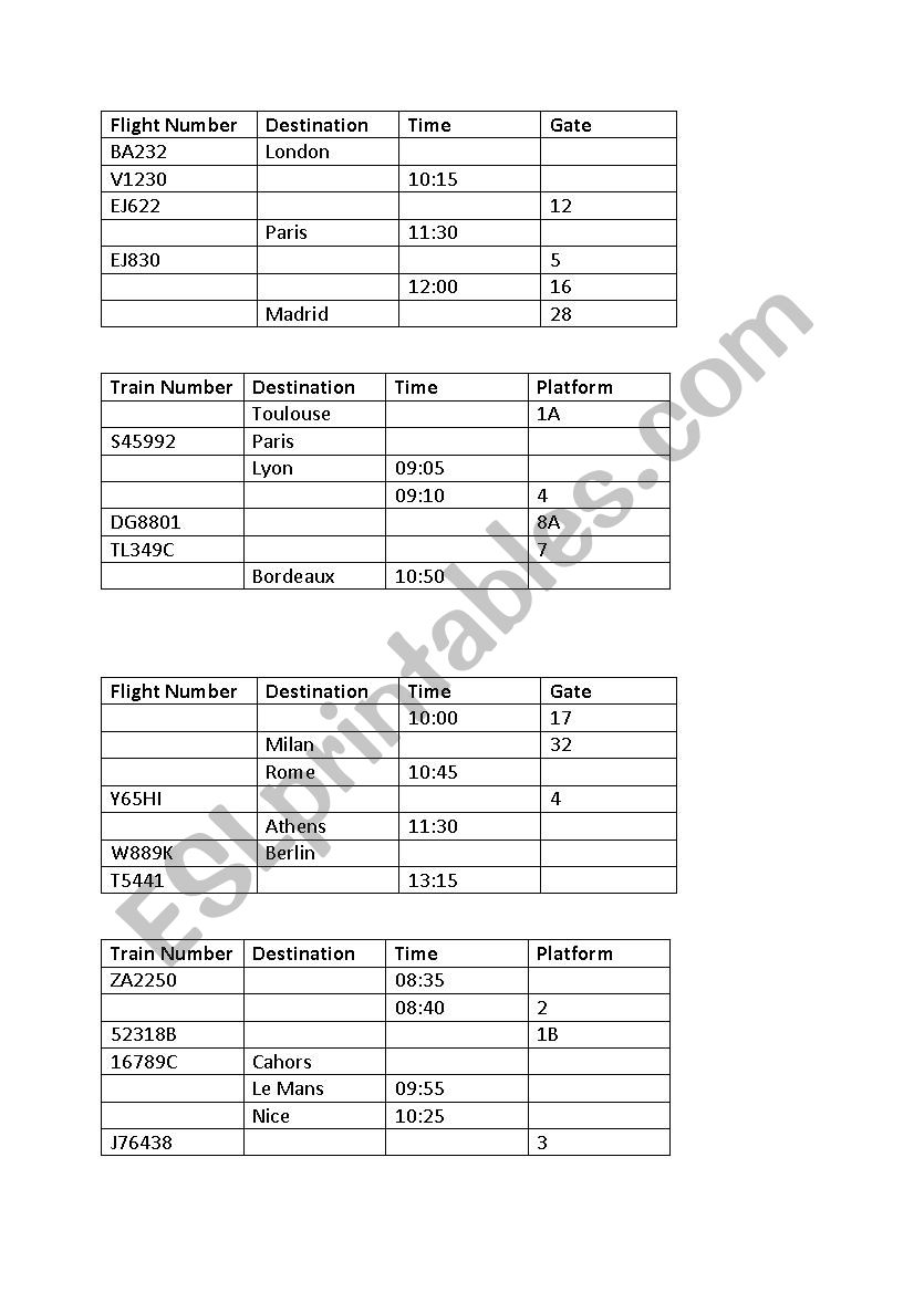 Plane and Train Timetables - Time, Alphabet, Numbers