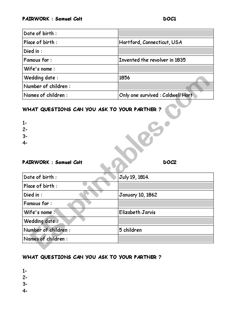 Pairwork: Samuel COLT worksheet