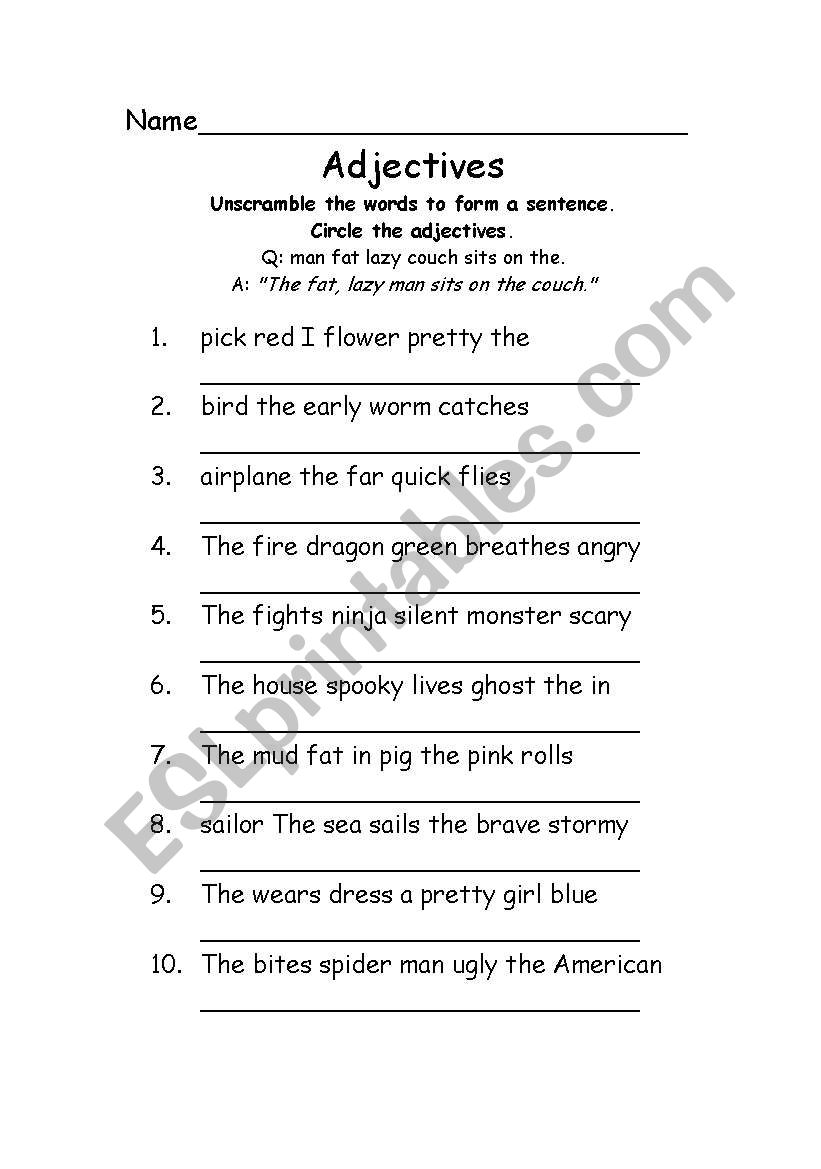 Adjective sentence scramble worksheet