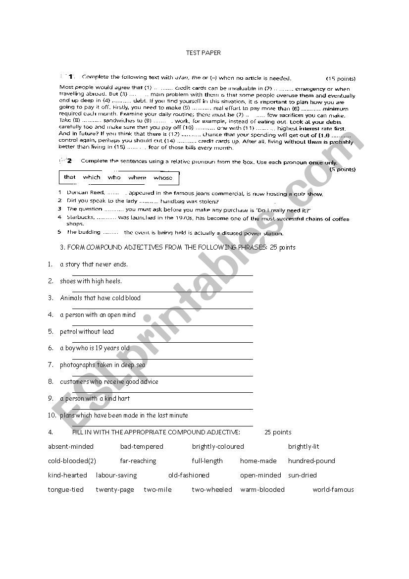 TEST PAPER worksheet