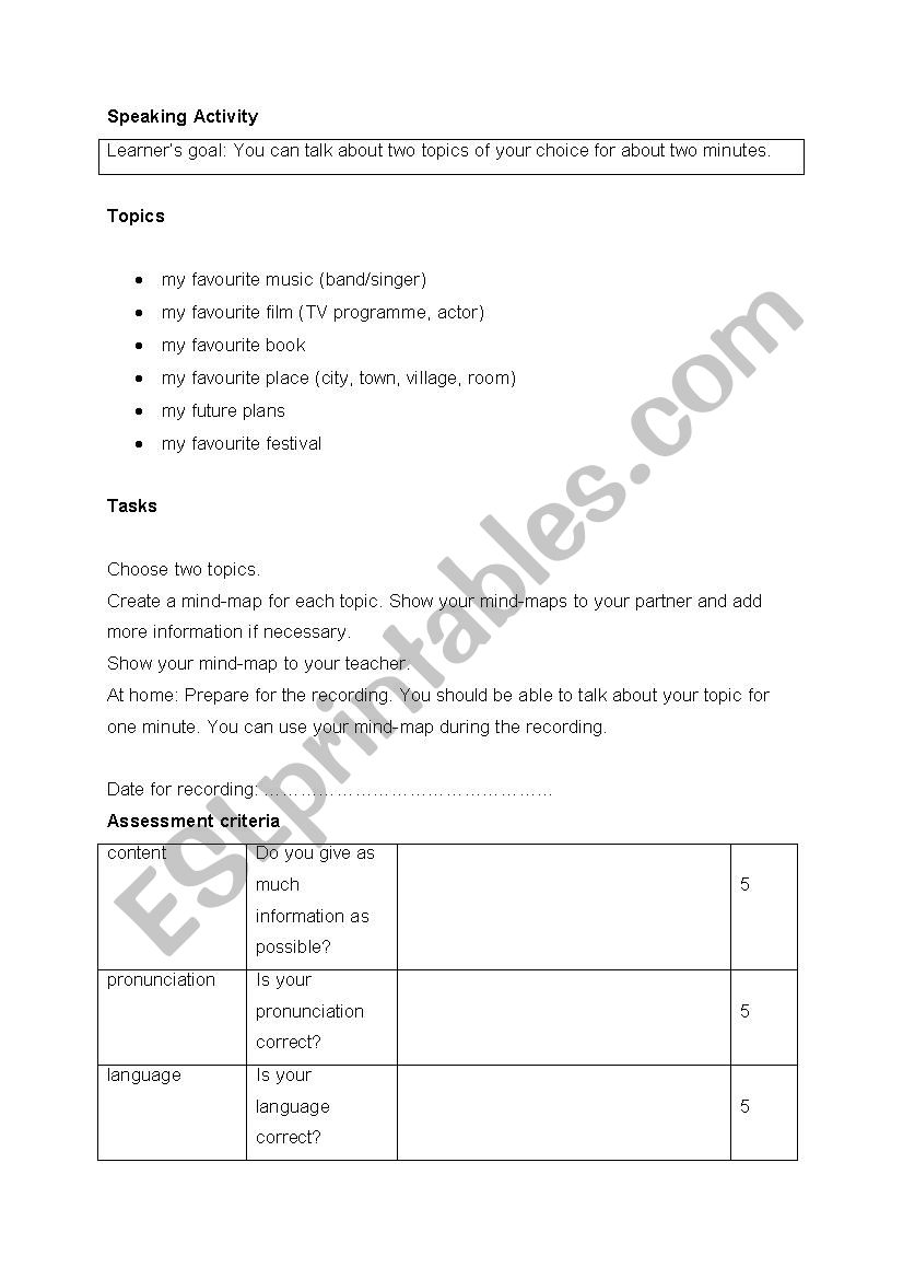 speaking test worksheet