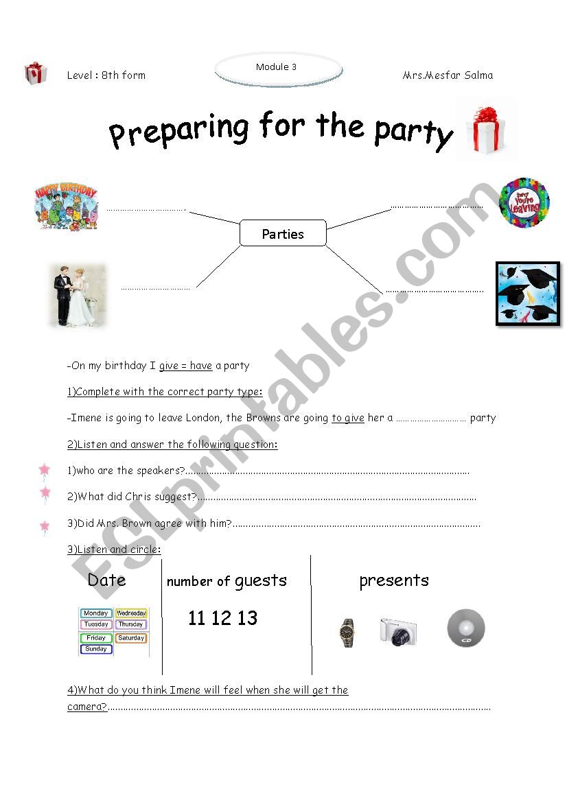preparing for a party worksheet