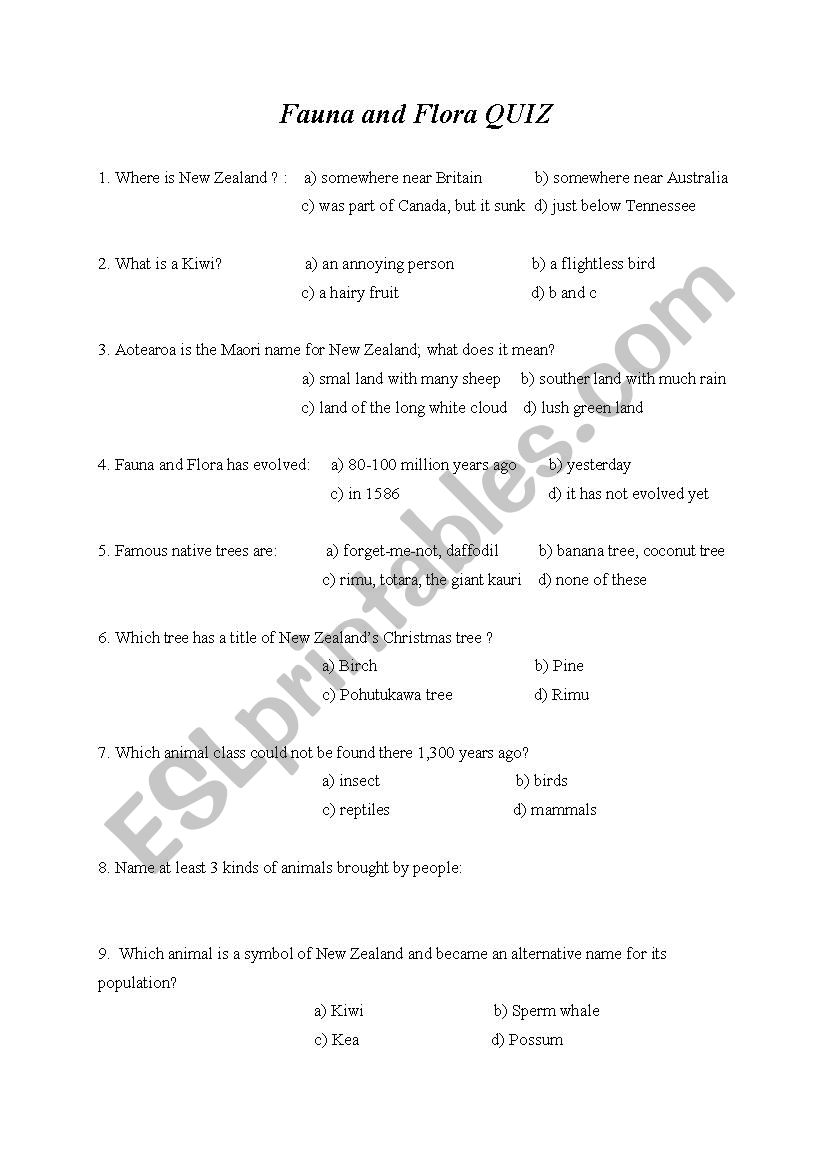 New Zealands flora and fauna QUIZ