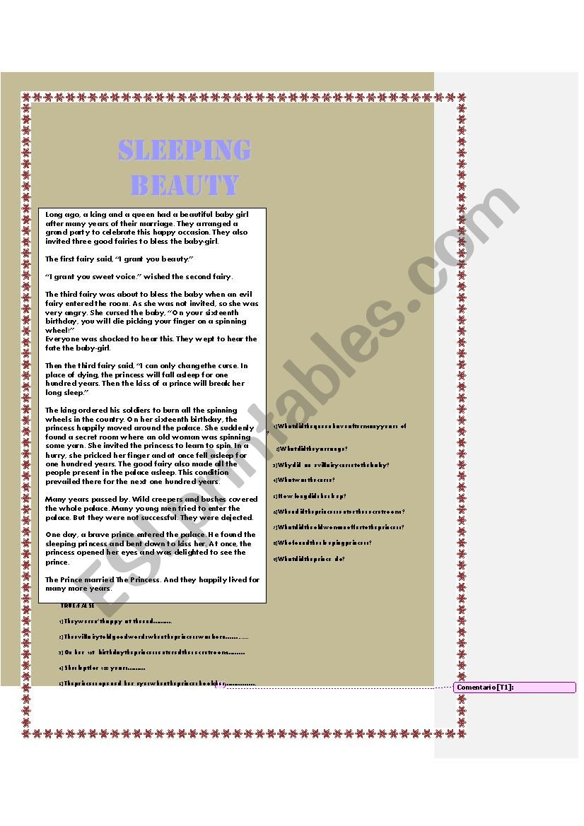 SLEEPING BEAUTY worksheet