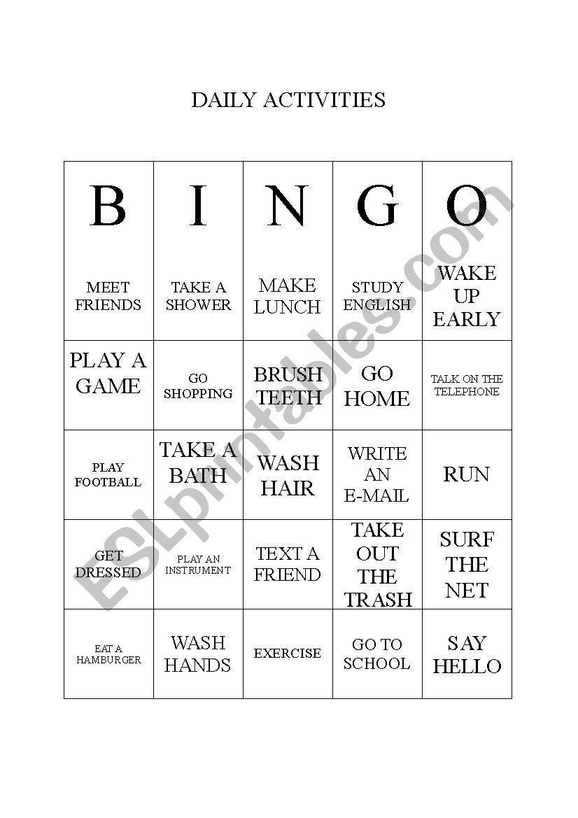 Bingo Daily Activity worksheet