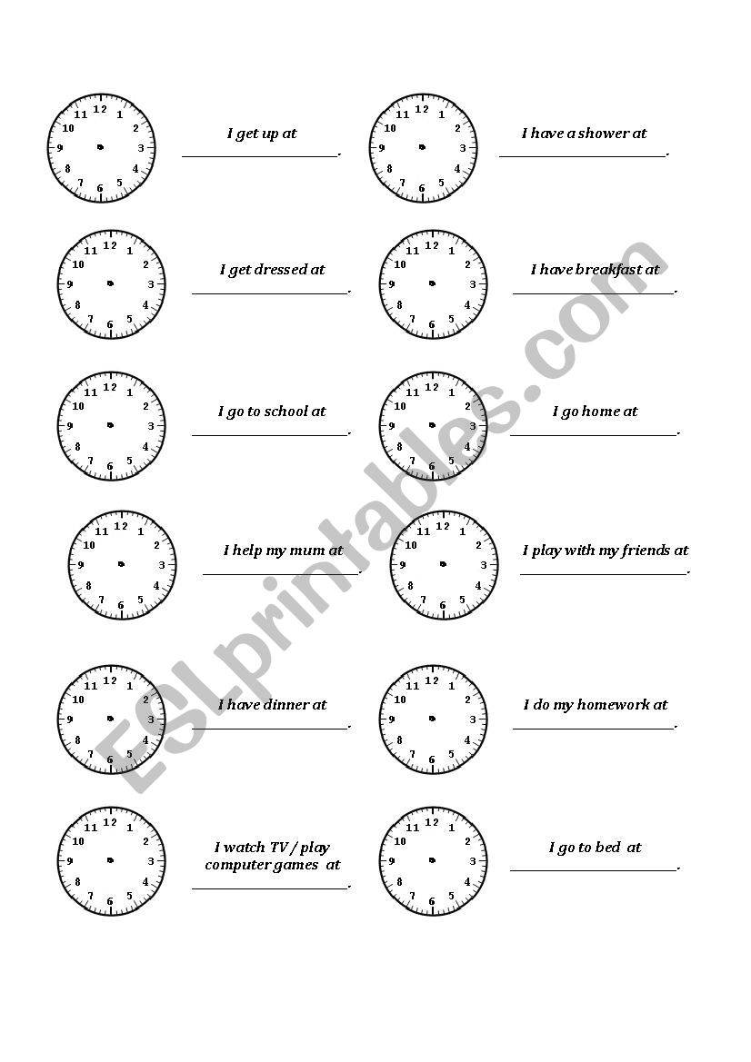 Time, clock, daily routine worksheet