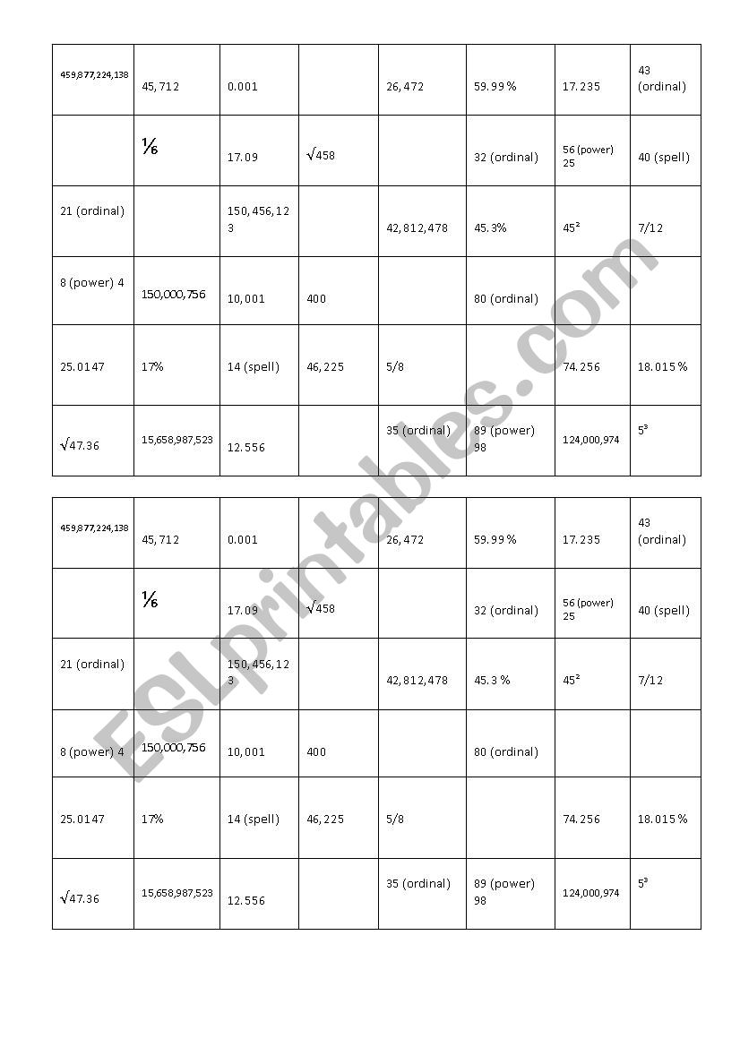 Connect 4 (numbers) worksheet