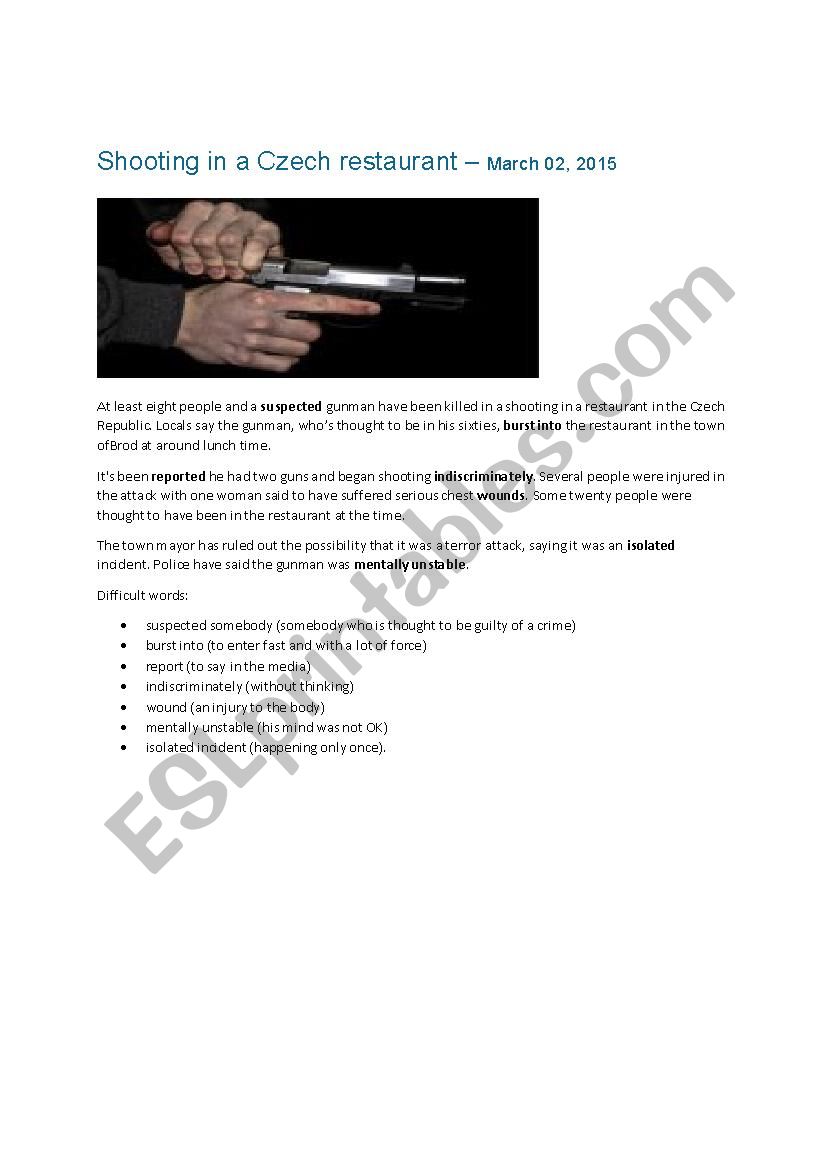 Article reading - Shooting  worksheet