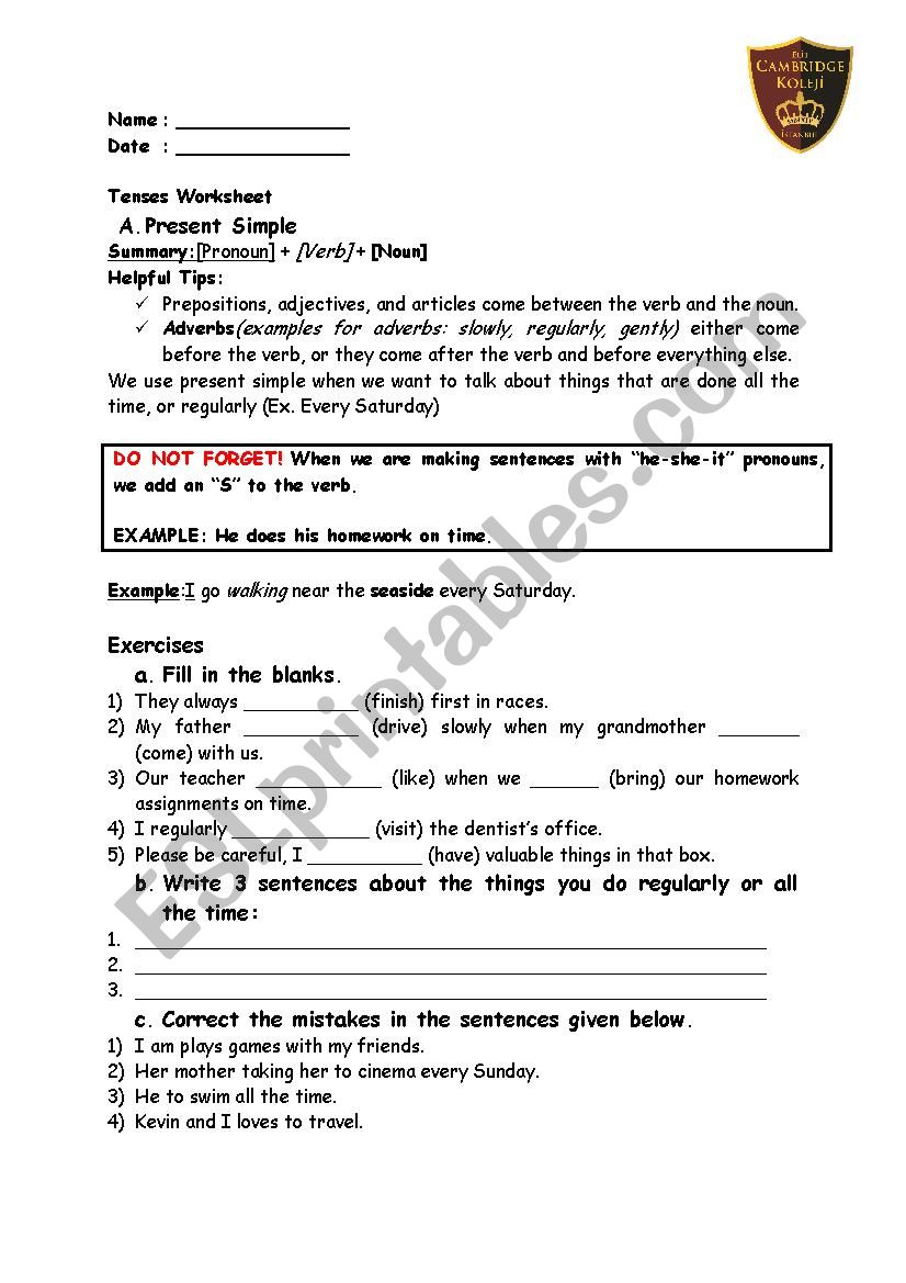 General Tenses Review worksheet