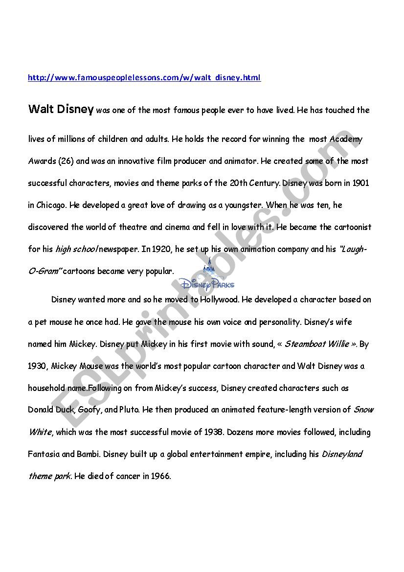 Walt Disney story TEXT worksheet