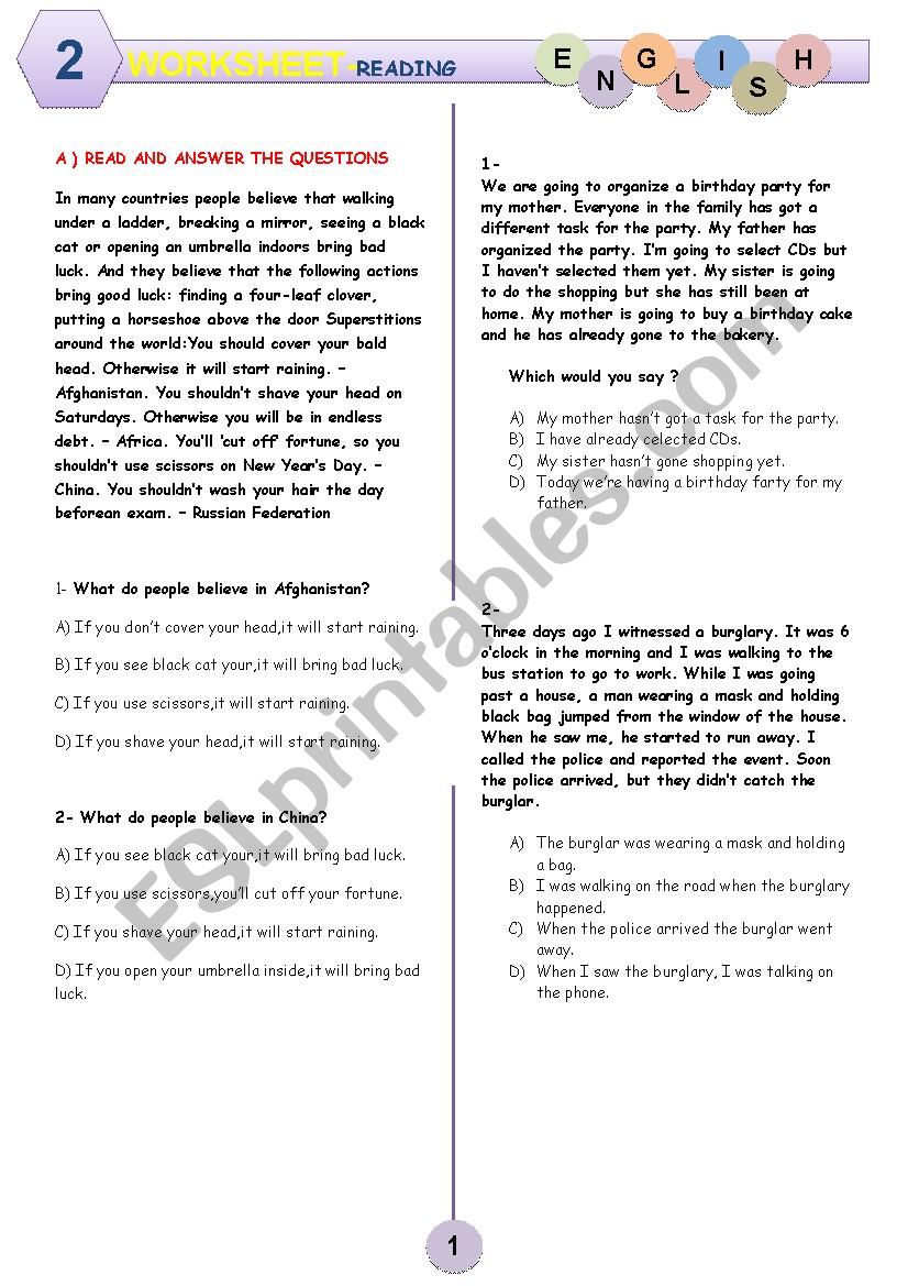 WORKSHEET FOR READING 2 worksheet